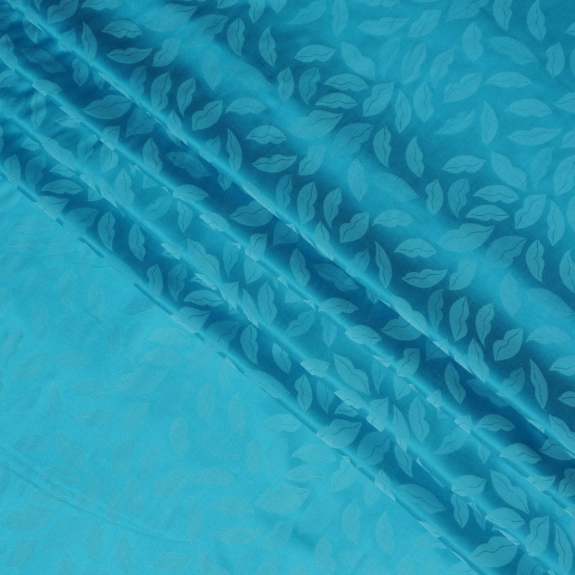 Turquoise Silk Satin Fabric with Leaf Pattern, 110 cm Width-D20961