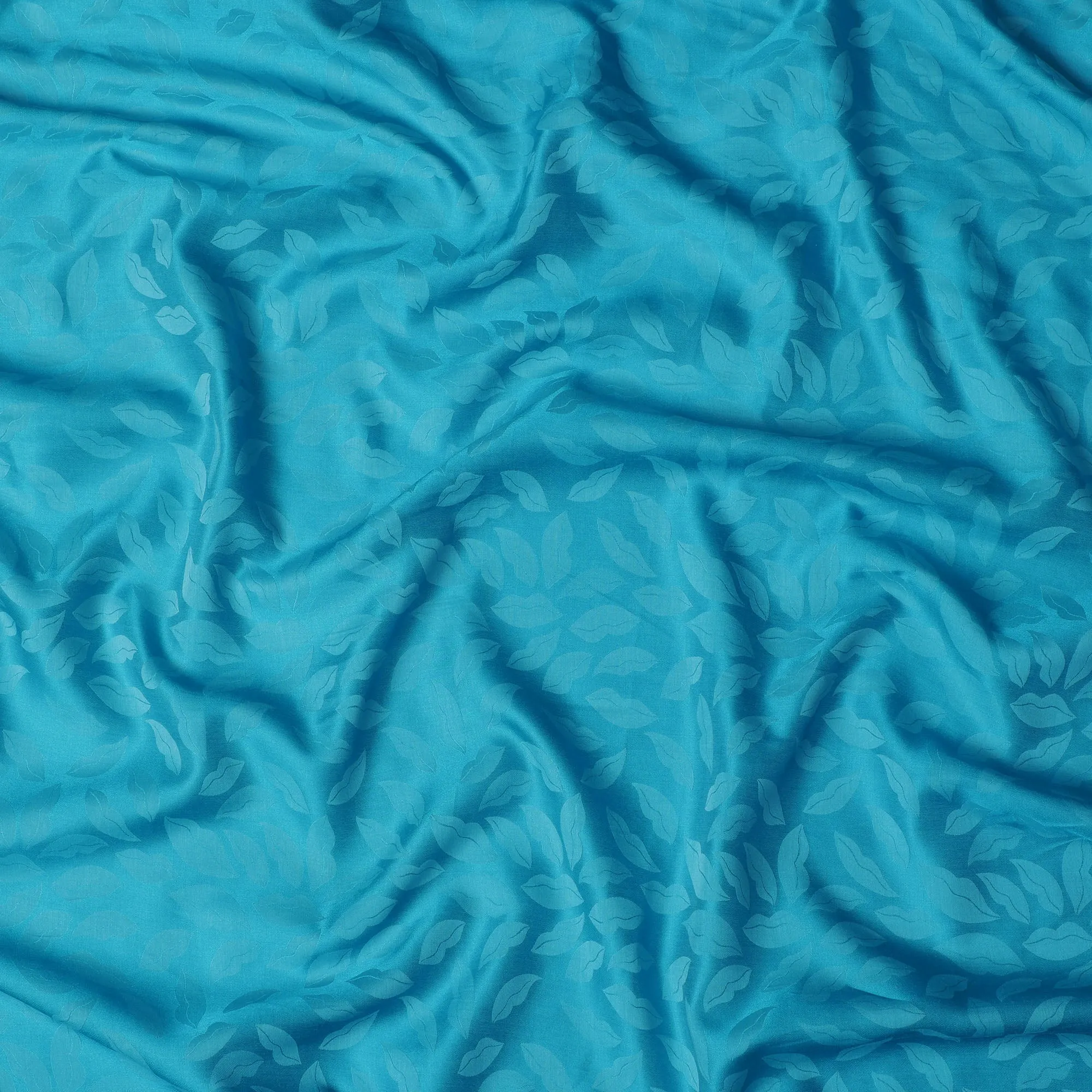 Turquoise Silk Satin Fabric with Leaf Pattern, 110 cm Width-D20961