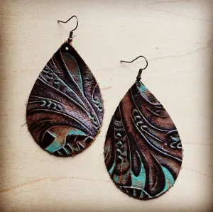 Turquoise/Brown Floral Leather Teardrop Earrings