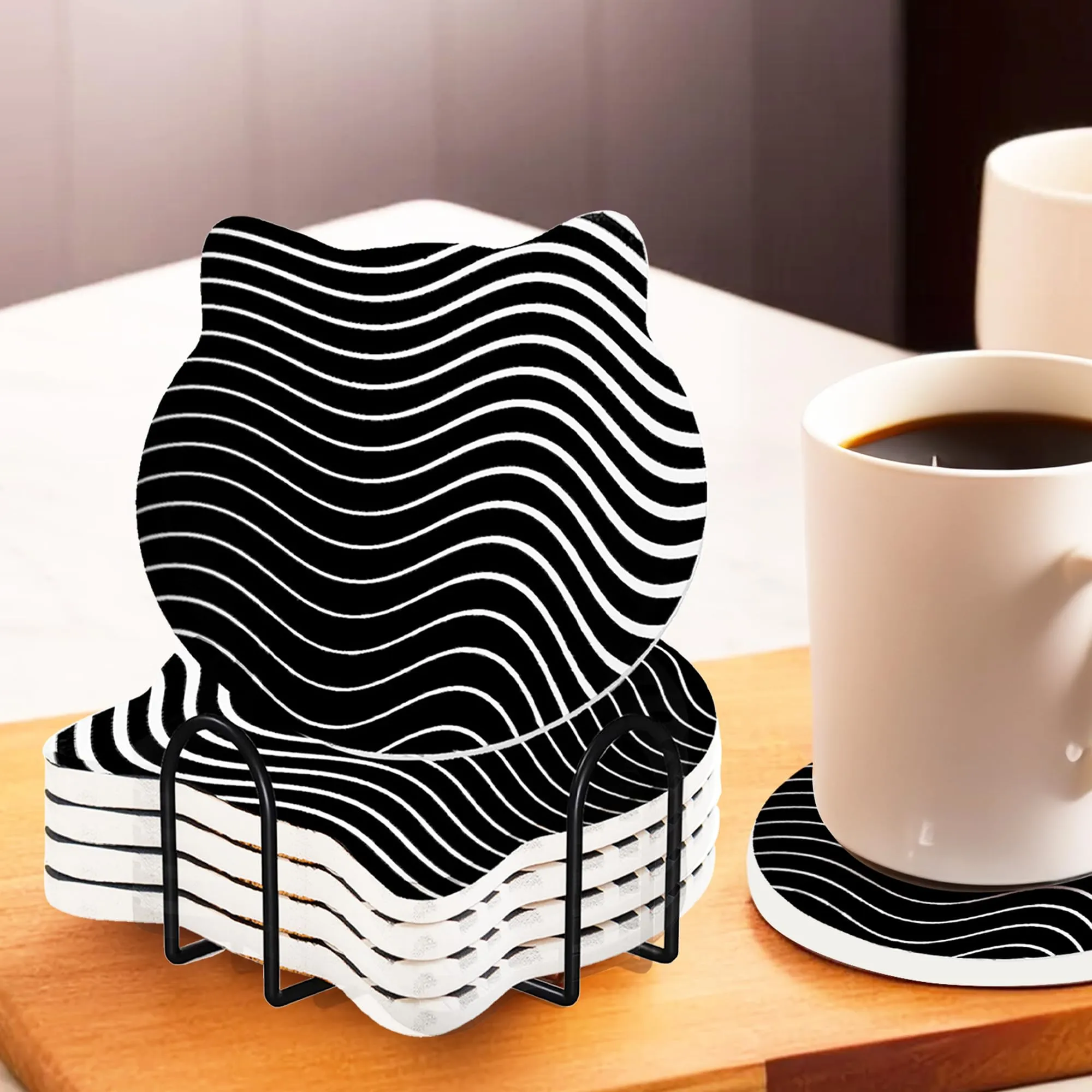 UMAI Unique Tea Coaster Set of 6 (Dia- 10cm, Thick- 9mm) | Coasters for Dinning Table Coffee Mugs/Cups | Non Slip Mat | Gift for Housewarming | Kitty Party Return Gifts for Women (Black/White)