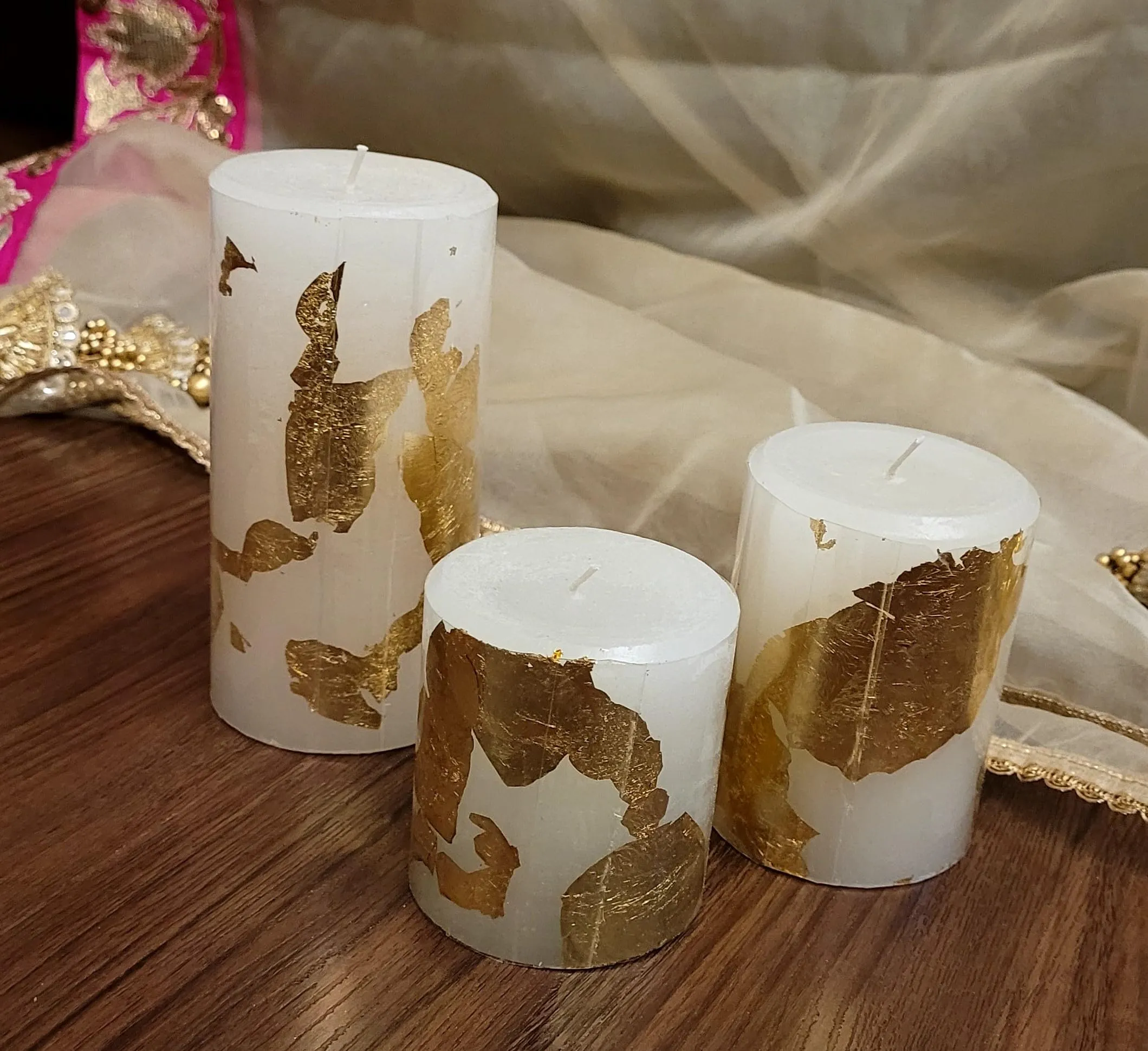 Urbaa Pillar Candle Set of 3 (3inch*3inch, 3inch*4inch, 3inch*6inch) || Long Burning || Gift Set || Set of 3 Candle Burning Time 90hrs, 70hrs and 55hrs || Pillar Candle. (Gold Foil)