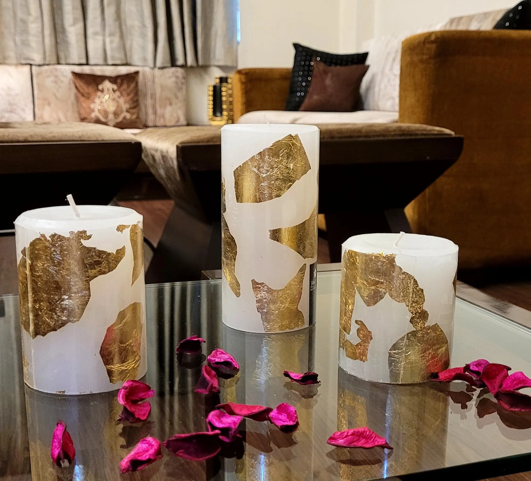 Urbaa Pillar Candle Set of 3 (3inch*3inch, 3inch*4inch, 3inch*6inch) || Long Burning || Gift Set || Set of 3 Candle Burning Time 90hrs, 70hrs and 55hrs || Pillar Candle. (Gold Foil)