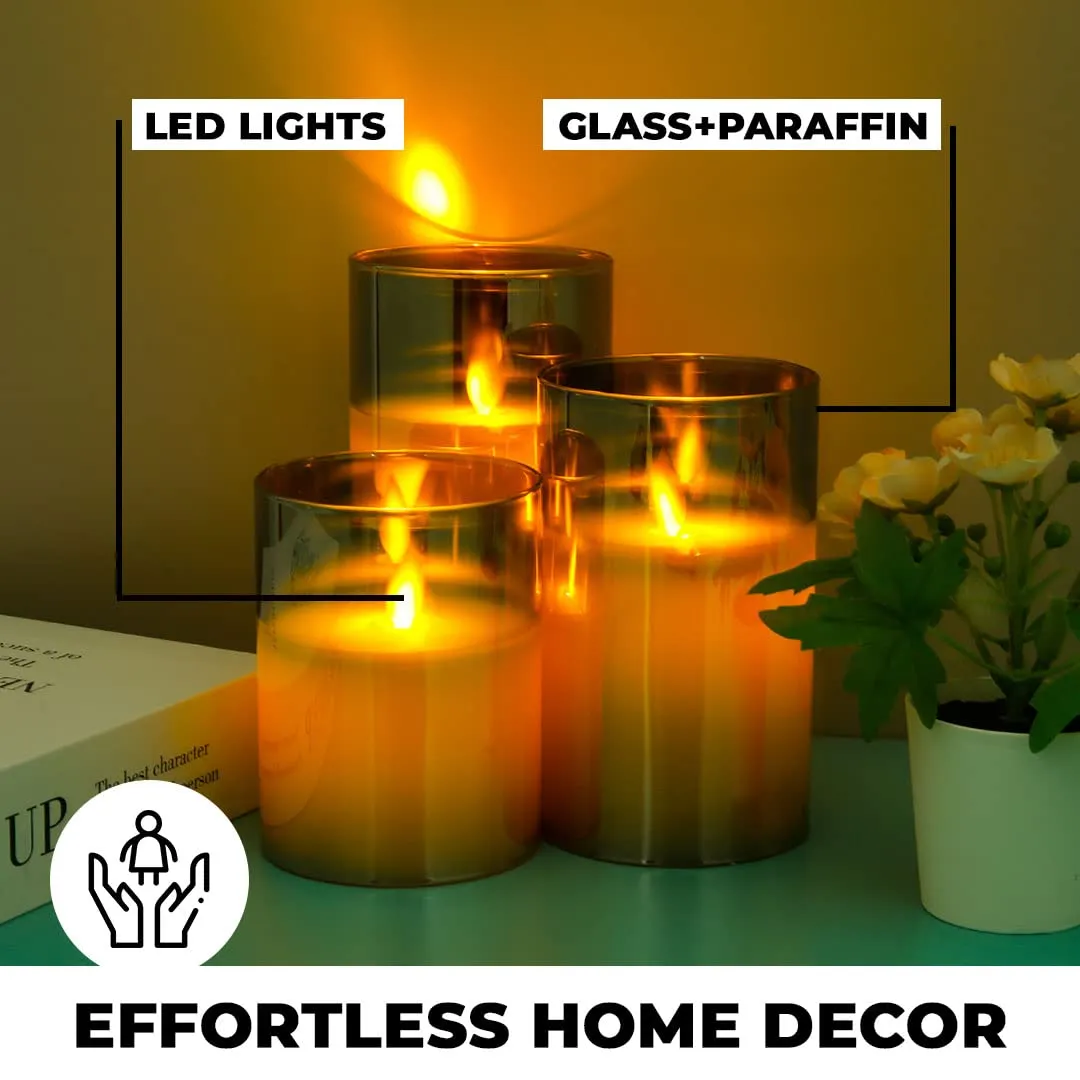 Urbane Home LED Candles for Home Decoration|Battey Operated|Flameless Yellow Light|Safe & Easy to Maintain|Diwali Lights for Home Decoration|Pack of 3|B0-004D|Gray