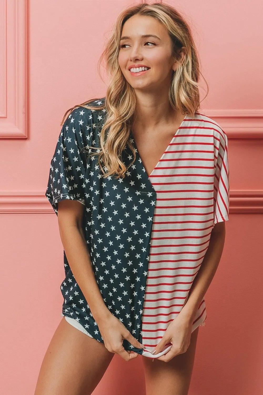 US Flag Themed Color Block Short Sleeve T-Shirt