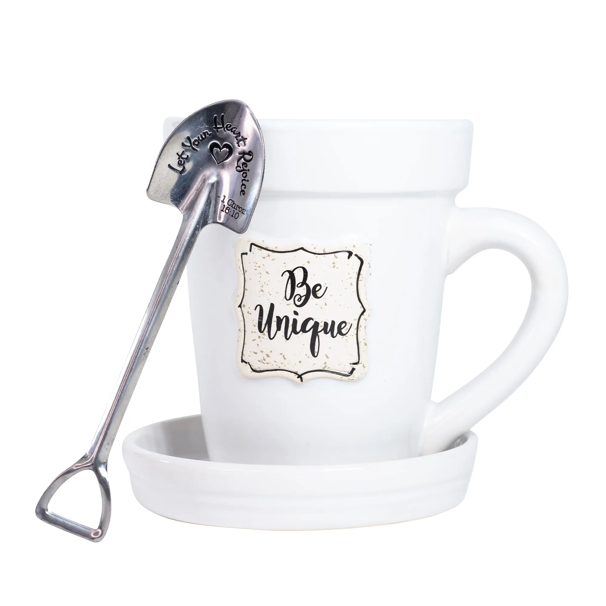 White Flower Pot Mug w/Scripture - “Be Unique”