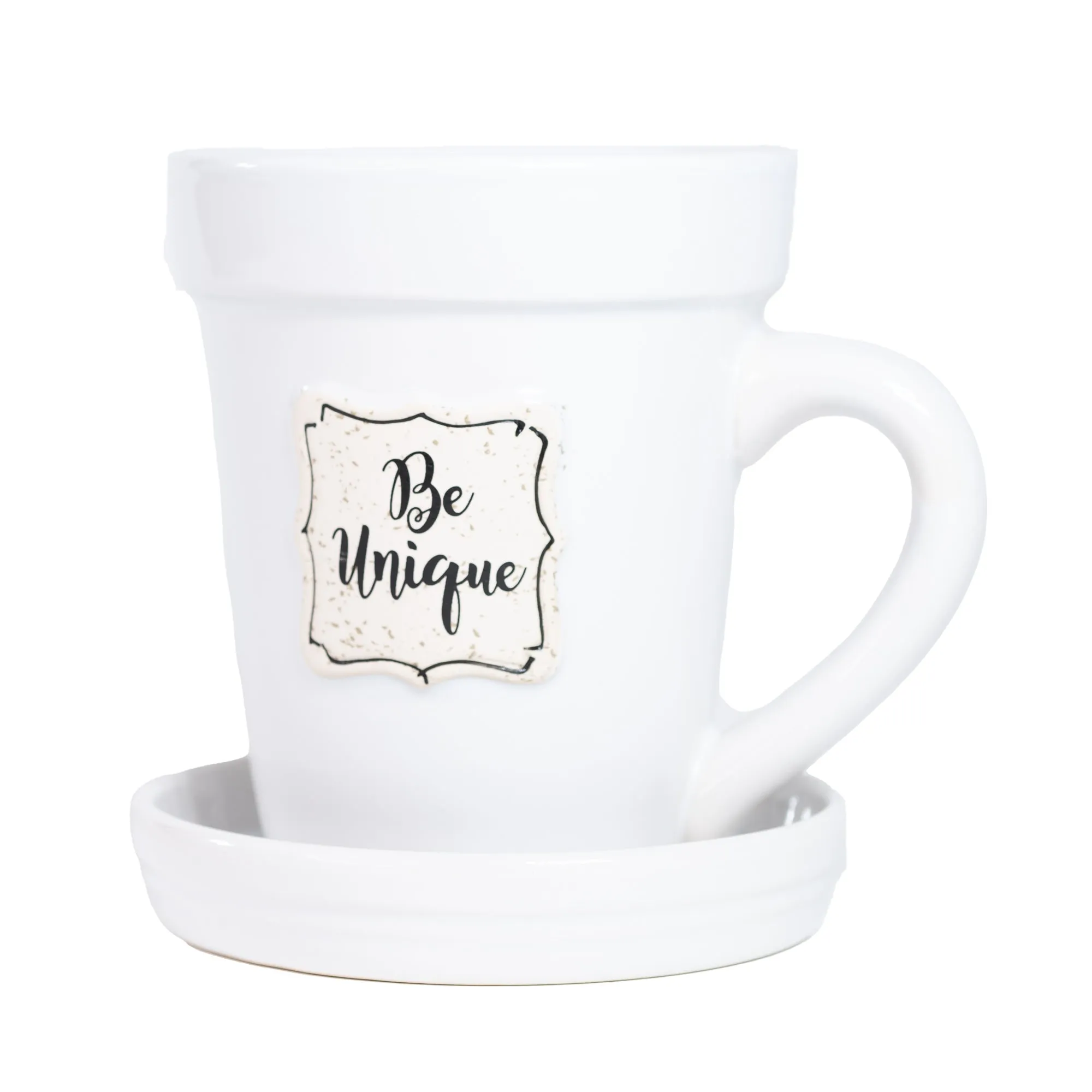 White Flower Pot Mug w/Scripture - “Be Unique”